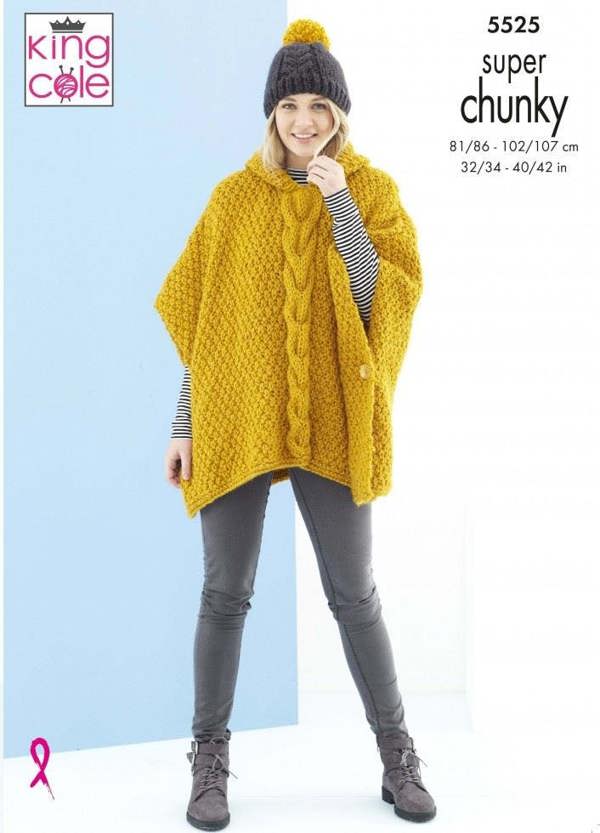 King Cole Timeless Super Chunky Knitting Pattern 5525, Ponchos, Headwear for Women, 32 - 42 Inches