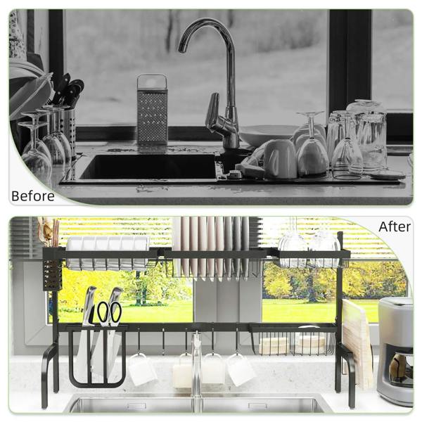 Black 2-tier dish rack over sink with plate holders, utensil hooks, and drying shelves
