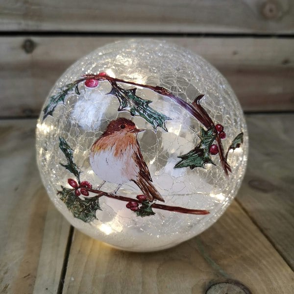 Samuel Alexander 15cm Battery Operated Light up Robin Crackle Glass Ball with 12 Warm White LEDs