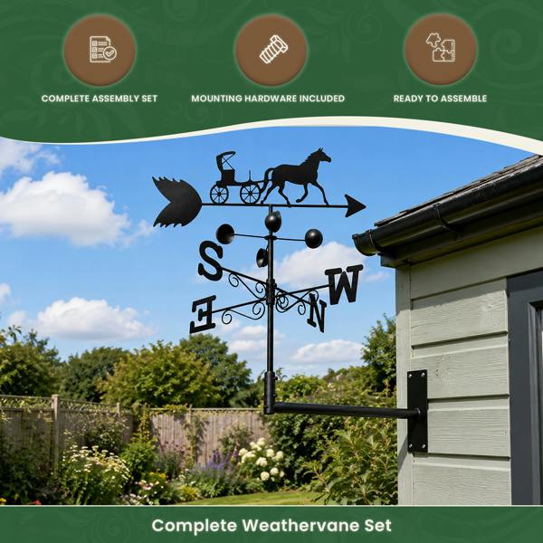 Horse & Carriage Weathervane – Outdoor Wind Direction Indicator with Speed Cups, Steel Construction, Wall Fixings & Ground Spike, 1.7m Tall