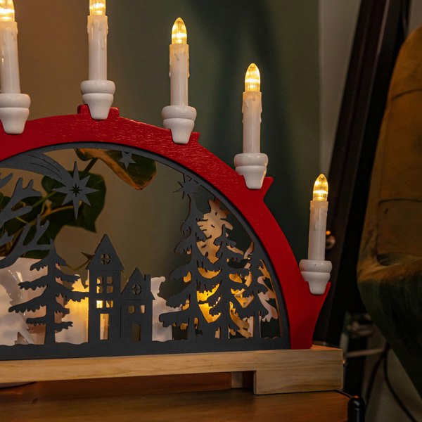 Samuel Alexander 45cm Battery Operated Light up Red Wooden Christmas Candle Bridge with 9 Warm White LEDs