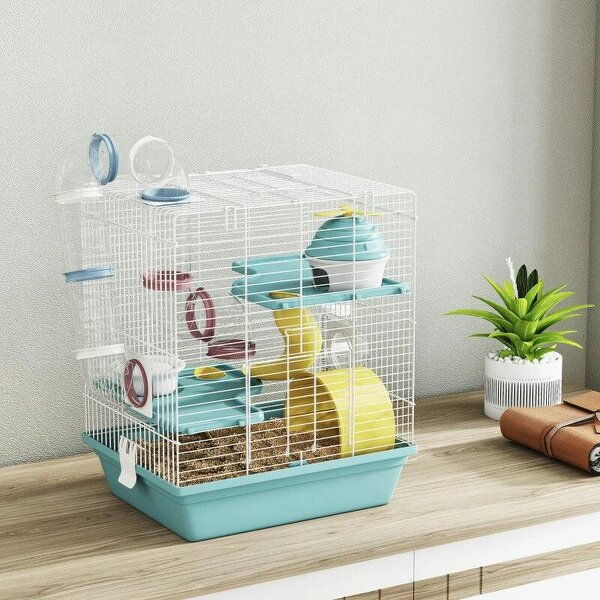 3-Level Hamster Cage with Exercise Wheel, Water Bottle, Food Bowl, for Dwarf Hamsters, 34.5 x 27.5 x 41 cm, Blue