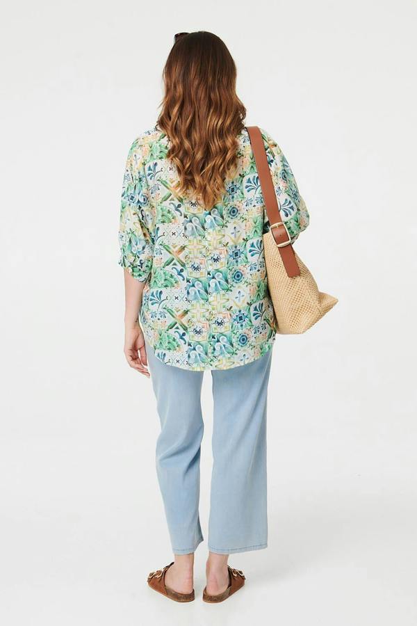 Green | Printed 3/4 Sleeve Curve Hem Shirt