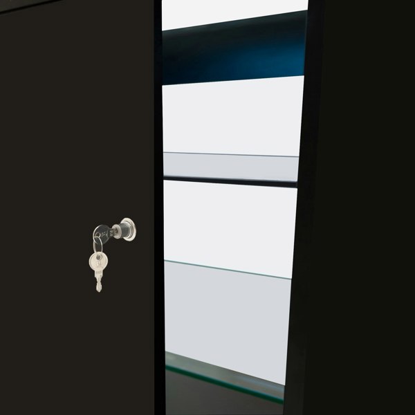 Black LED retail shop counter K900 with a glass shelf, featuring a lock and key for secure storage and display options