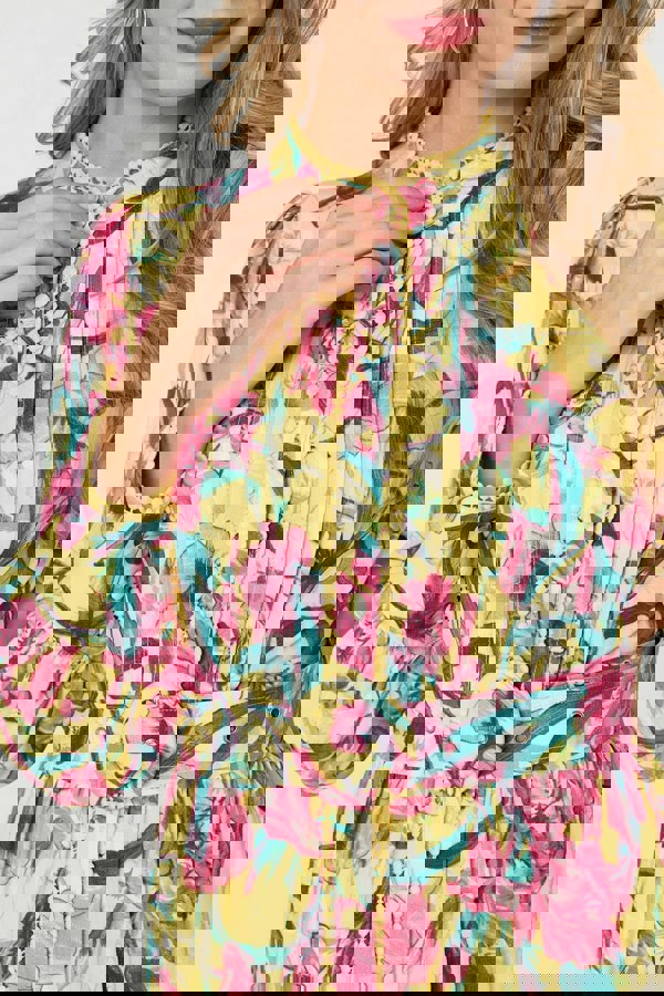 Yellow | Floral High Neck Long Sleeve Short Dress
