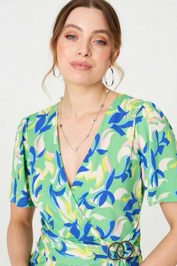 Green | Printed Belt Detail Wrap Midi Dress
