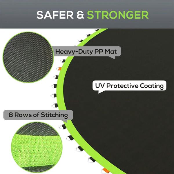 Heavy-duty trampoline mat with stitched seams, UV protective coating, green trim