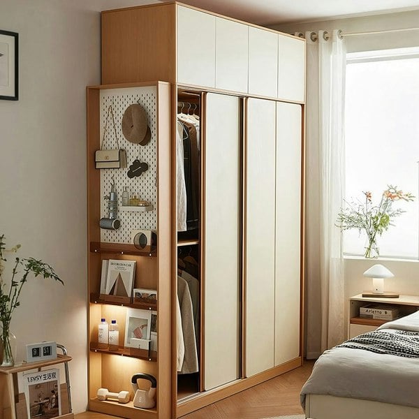 Detail view of Soriano Sliding Door Wardrobe, Wood with mirrored bedside cabinets