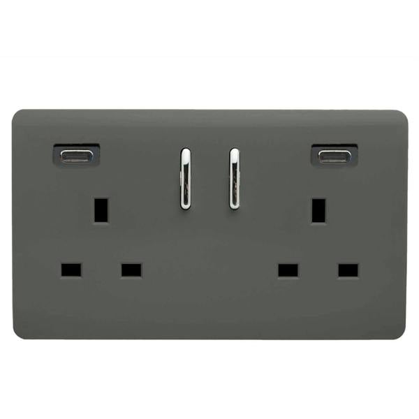 Trendi Switch 2 Gang USB 65W Type C USB Plug Socket in Charcoal Grey