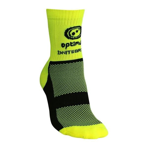 Fluro yellow Optimum NiteBrite cycling sock with black mesh sole and logo, side view on white - Optimum