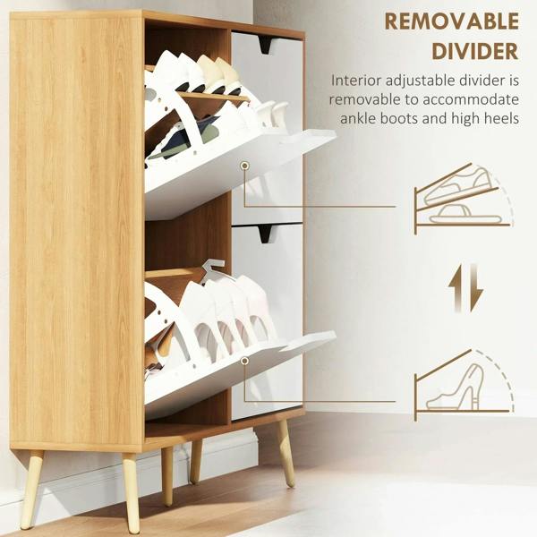 Natural wood shoe storage cabinet with removable interior divider, open flip drawers