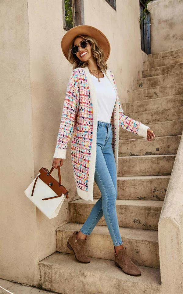 FS Collection Cream Boucle Check Cardigan In Rainbow Multicolour Speckles