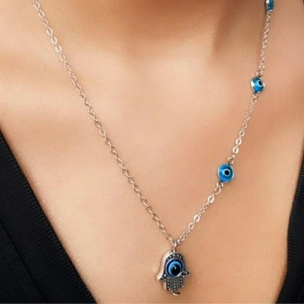 The Colourful Aura Half Evil Eye Necklace Hamsa Charm Silver Protection Choker Necklace
