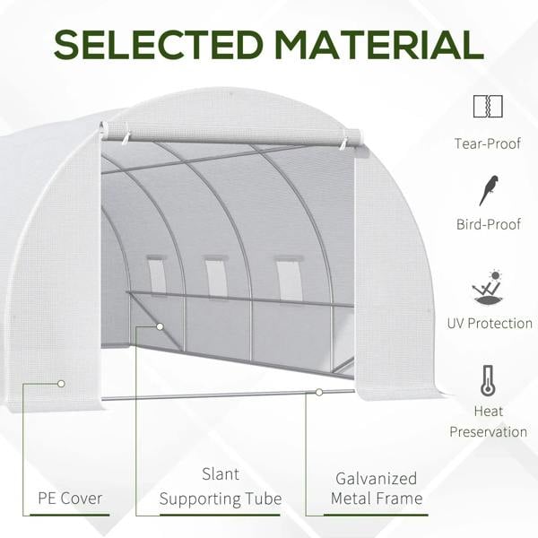 White polytunnel greenhouse with arched frame and slanted PE cover door panels