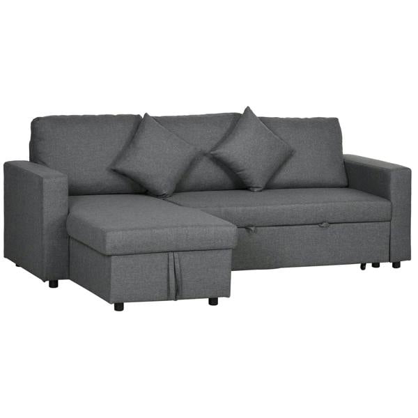 Dark grey 3-seat convertible sofa bed with chaise section and storage ottoman