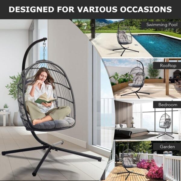 Leaper Rattan Foldable Hanging Egg Chair with Cushion Stand