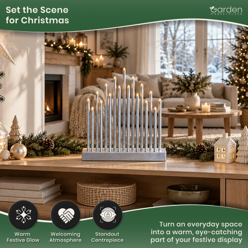 17-Light Silver Metallic Christmas Candle Bridge with LED Lights, Battery Operated Window Decoration, Timer Function, No Assembly