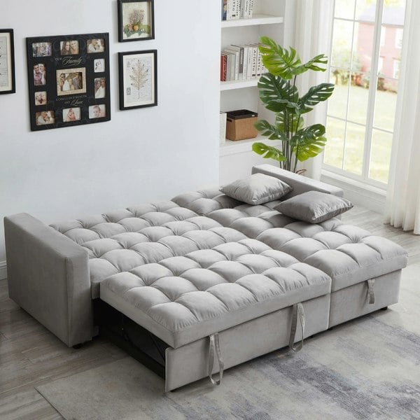 Madrid Velvet 3 Seater Pullout Sofa Bed in Grey with Reversible Storage Chaise