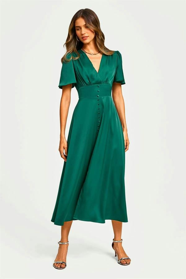 FS Collection Satin V neckline Button Detail Dress In Green