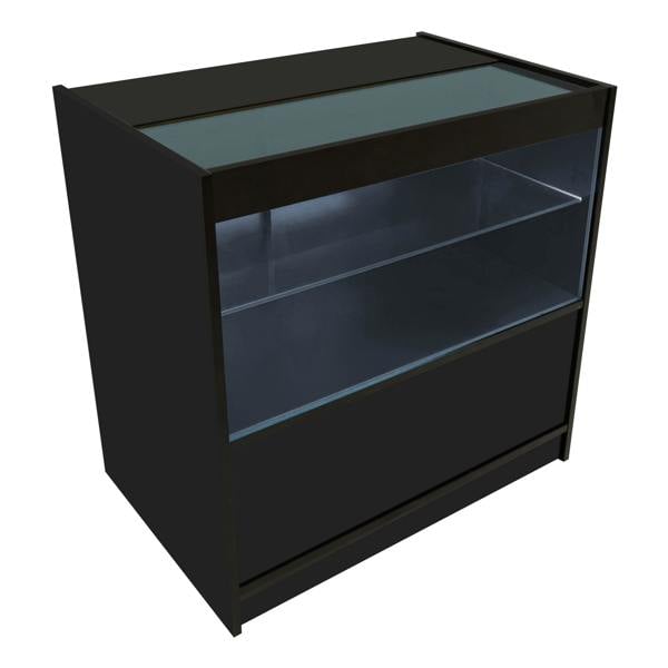 Eclipse LED Shop Counter Set in black, featuring sleek design, glass top, illuminated shelves, and modern storage solutions
