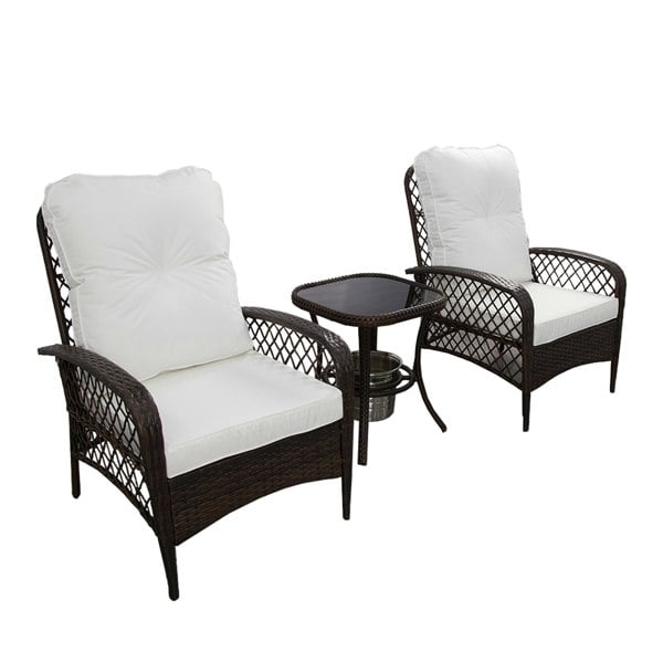 Furniture One 3 PCS Garden Furniture Set, Wicker Conversation Bistro Set with Glass Table with Ice Bucket