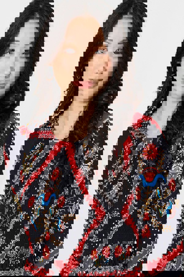 Navy | Printed Smocked Long Sleeve Midi Dress
