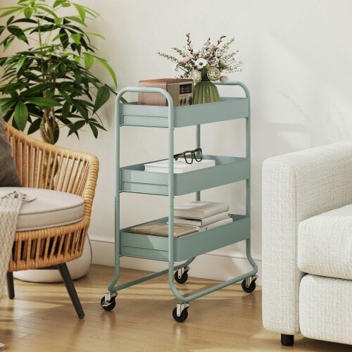 Wyld Haus Nokeyo Metal Light Green 3 Tier Rolling Utility Trolley With Mesh Baskets