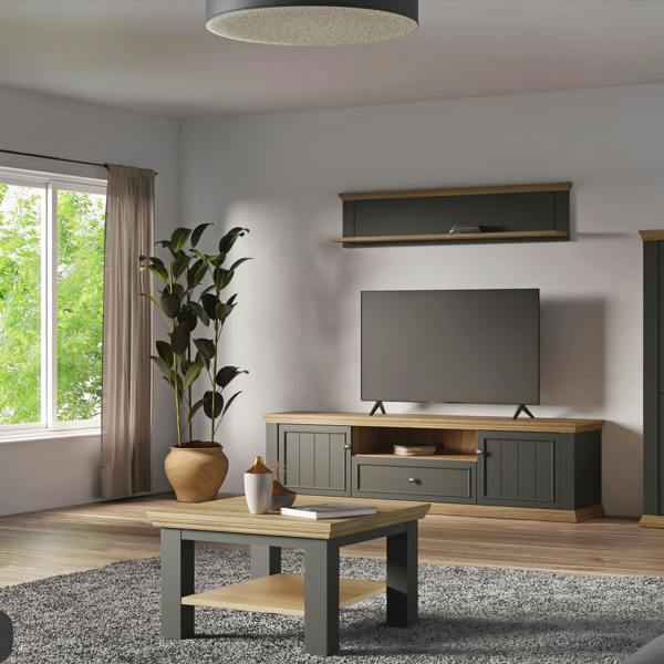 Furniture To Go Pontypool Wide TV Unit with 2 Doors, Drawer & Open Shelf in Grey and Mauvella Oak
