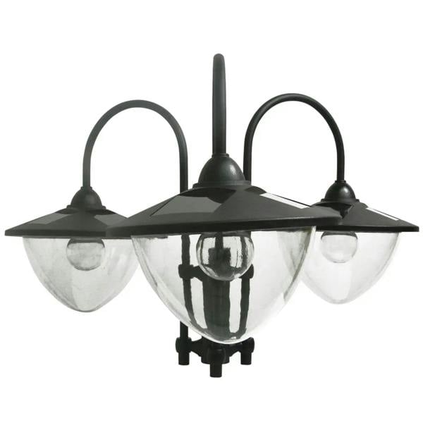 Black 3-head solar street lamp fixture with three frosted glass lanterns