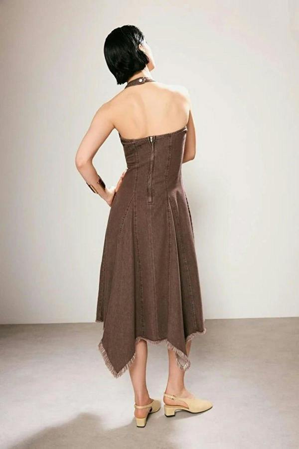 WOVCOR Halter Neck Asymmetrical Midi Denim Dress