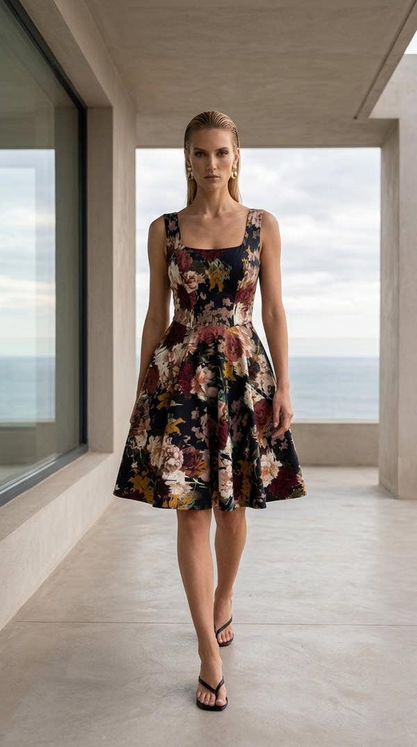 A woman with straight blonde hair walks on a terrace in the sleeveless, knee-length Golha Floral Corset Dress by Sarvin. She wears black sandals; large windows and an ocean view appear in the background.