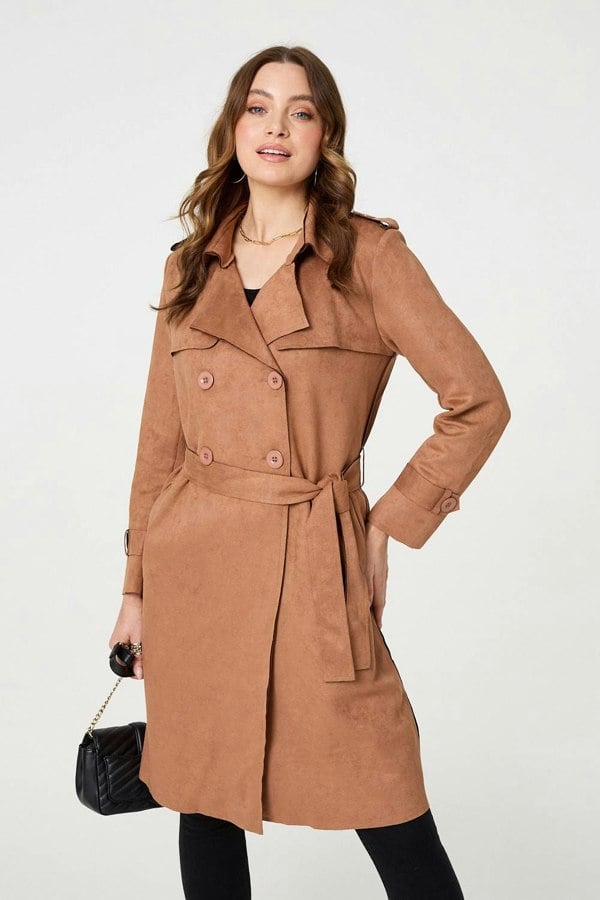 Tan | Faux Suede Button Front Trench Coat : Model is 5'9"/175 cm and wears UK8/EU36/US4/AUS8
