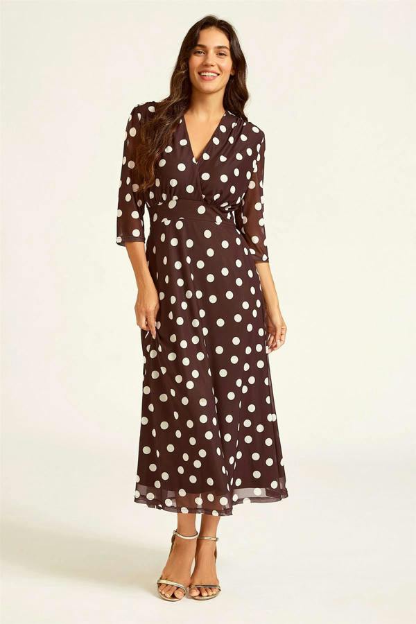 FS Collection Polka Dot Mesh Wrap Neck 3/4 Sleeve Midi Dress In Brown
