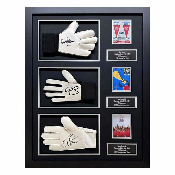 Unbranded Peter Schmeichel, Alex Stepney & Edwin Van Der Sar triple signed glove display