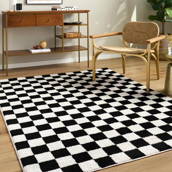 Livabliss Fossay Shag-Washable Cream Black Modern High Pile Checkered Rug