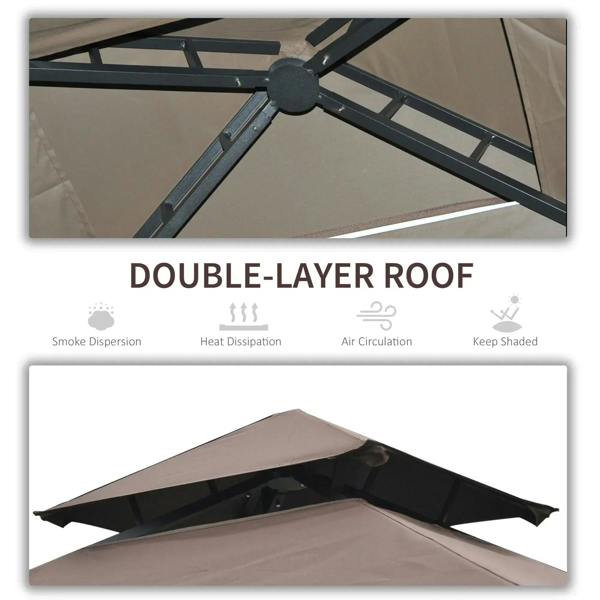 Double-layer brown canopy roof with black support ribs and peaked top