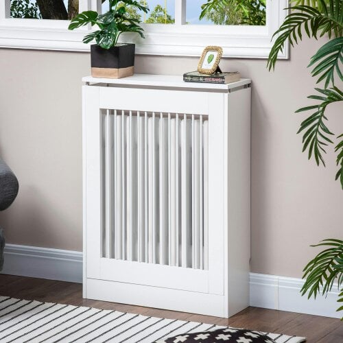 HOMCOM Radiator Cover Vertical Slatted MDF Steel for Heat Circulation White
