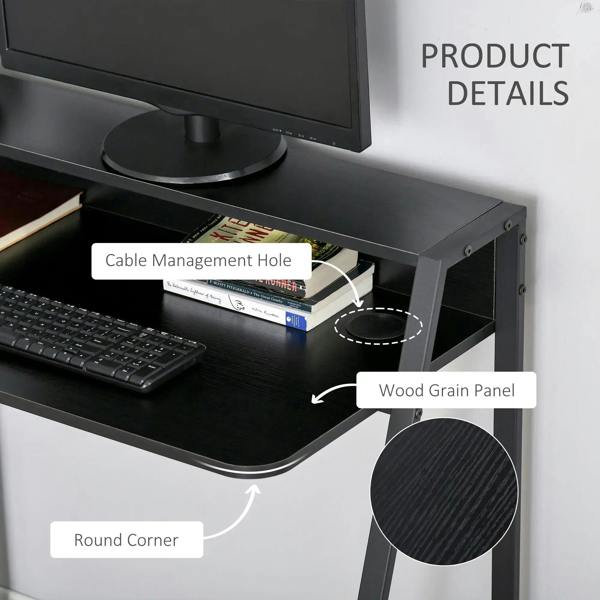 Black desk with cable management hole, wood-grain panel, and rounded corner