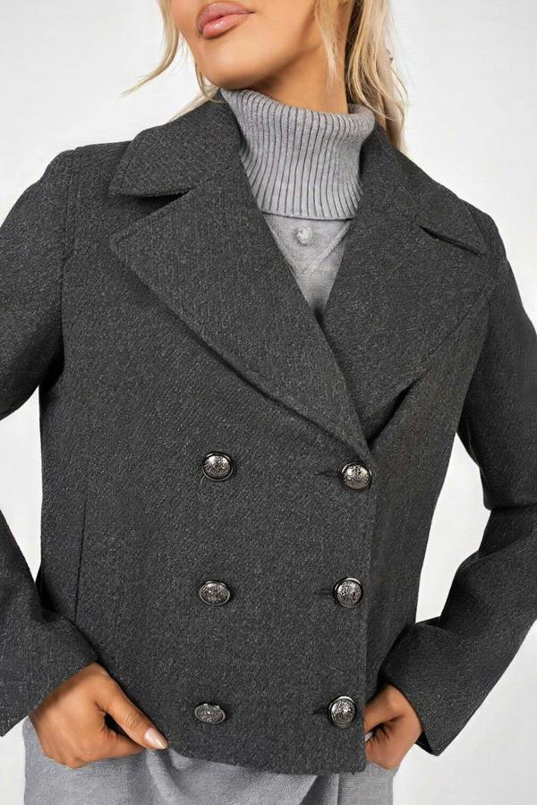 Leona Cropped Double Breasted Jacket With Luxe Button Detail - Black