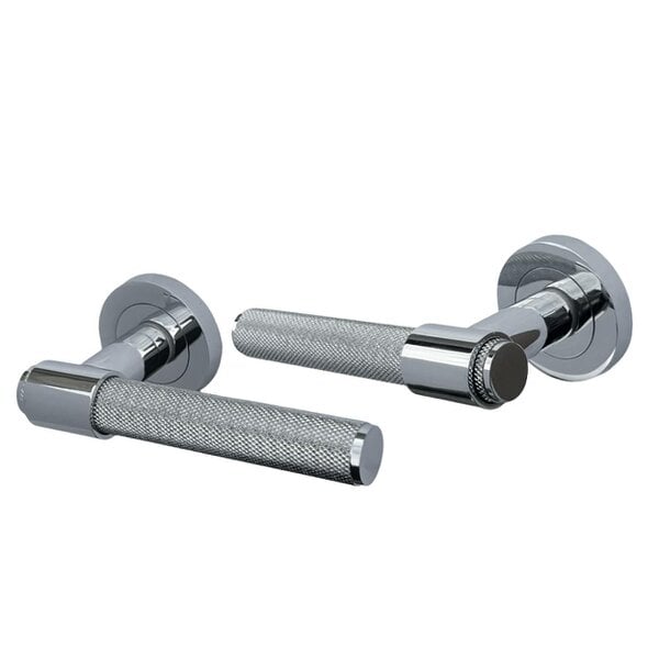 EDH Door Hardware Polished Chrome Knurled Door Handles on Round Rose – Modern Internal Lever Handle