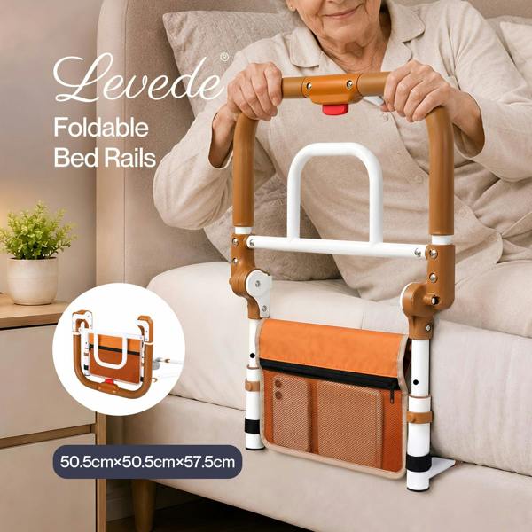 Levede Bed Rail Foldable 2 Handle Adjustable Height Non-Slip Grip Pocket Orange