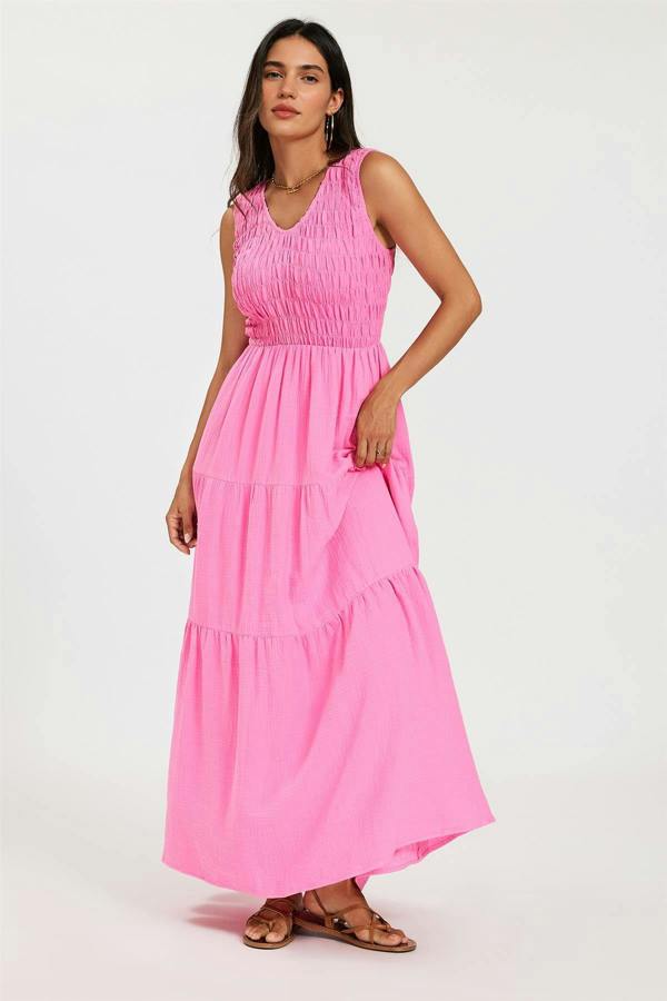 FS Collection Shirred Tiered Maxi Dress with Sleeveless V-Neck