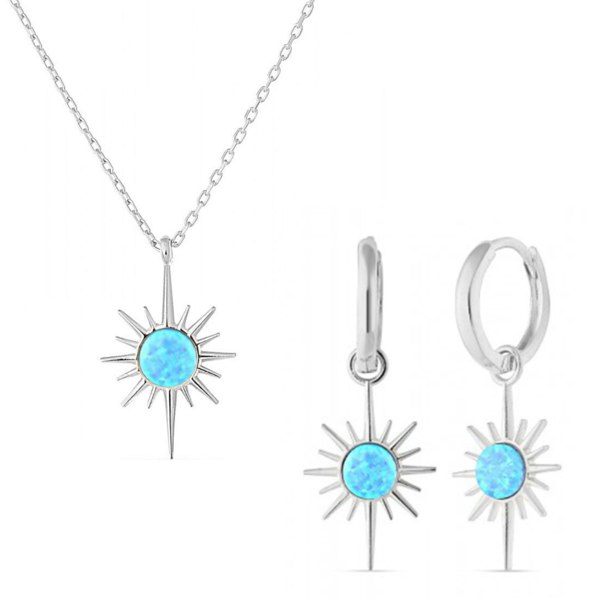 Spero London Blue Opal Northernstar Drop Hoop Earrings & Necklace Set in Sterling Silver