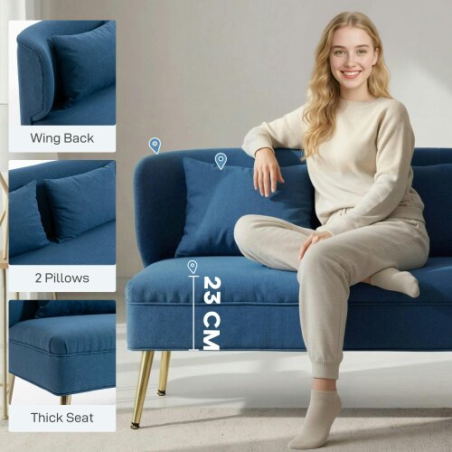 Wyld Haus Taco Linen Look Dark Blue 2 Seater Sofa With Wingback Design And Metal Legs