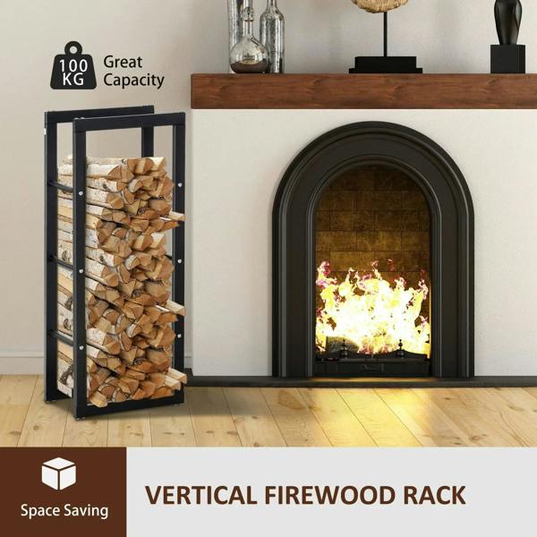 Black vertical metal firewood log rack with side rails for stacked logs