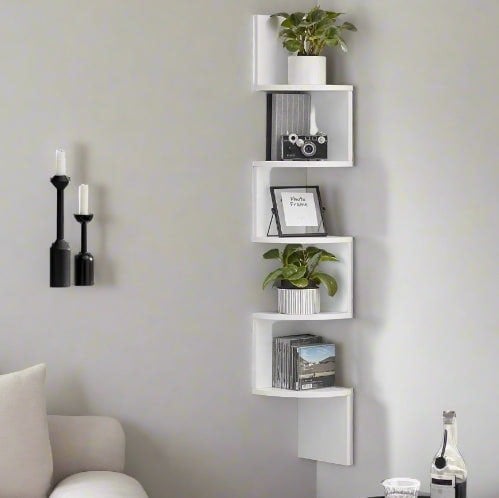 Modcraft White Corner Wall Shelf – 5-Tier Stylish Bookcase with Rounded Edges, 20 x 20 x 126 cm