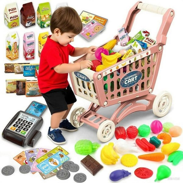 deAO Toys Kids Easy to Assemble Shopping Cart with Groceries, POS Machine, Plastic Money, Credit Cards and Shopping Cards - Red