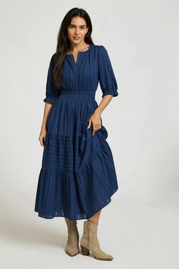 FS Collection Half Sleeve Cotton Floral Jacquard Tiered Midi Dress In Navy