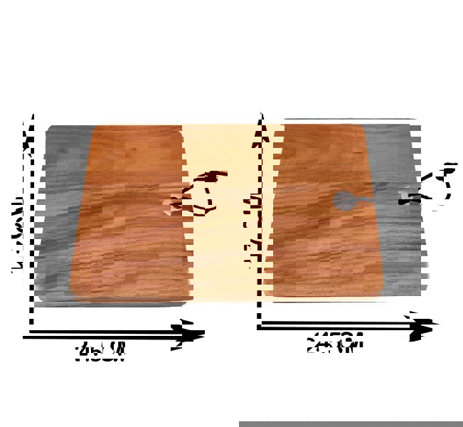 The rectangular acacia wood cheese board showing measurements of 24.5 cm in length and 17 cm in width.