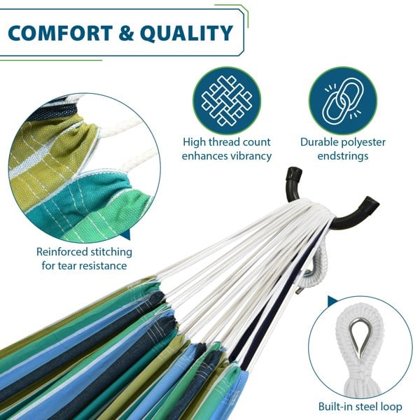 Vivere Double Cotton Hammock with Solid Pine Stand (260cm) - Cayo Reef